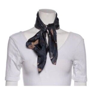 NWT Brunello Cucinelli Designer Silk Scarf, Ponge/Floral/Leaf Print, Blue, 25"